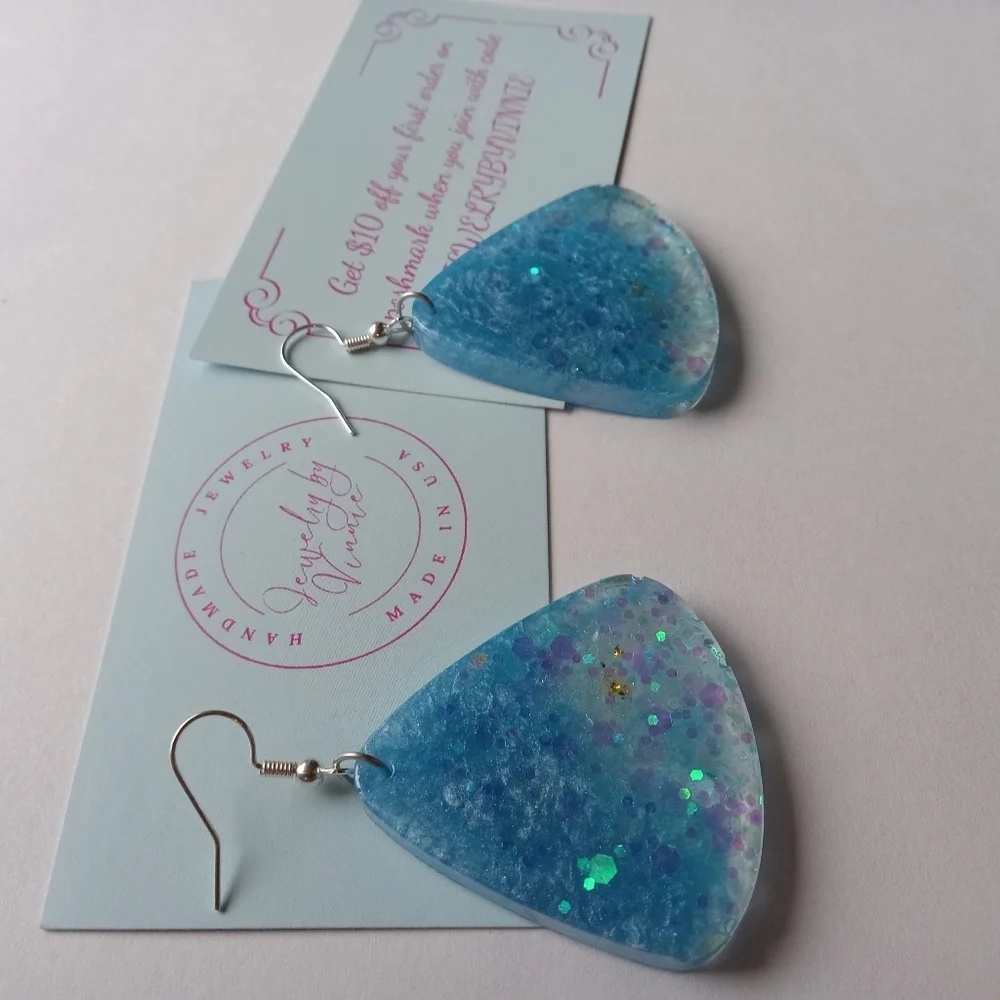 Hand Crafted Blue Glitter Earrings - Picture 3 of 5